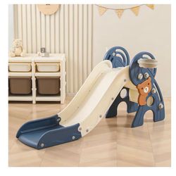 4 in 1 Toddler Slide,Freestanding Kid Slides,Baby Plastic Foldable Slides with Basketball Hoop and Ball,Indoor and Outdoor Toddler ( blue)