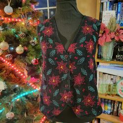 Vintage Victoria Jones Woman Size Petite M Christmas Black Vest Poinsettias