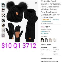 Winter Hat Scarf Glove Set for Women, Fleece Lined Beanie with Double Pom Pom, Touchscreen Gloves Knit Scarf for Cold Weather

