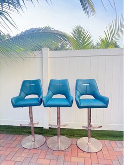Set of 3 Modern Adjustable Swivel Bar Stools – Blue Faux Leather