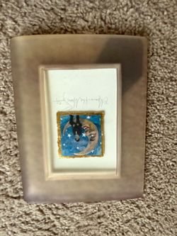 Whimsical Miniature Painting Man on Moon Gold Leaf Framed Signed Art