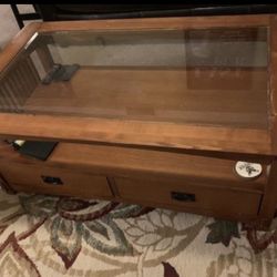 Coffee / cocktail table Brown Wood Glass Top With Drawers