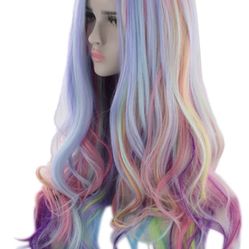 Colorful Pink Every Day Wig Halloween Purple Prank Daily Use Long Curly -Color Full Synthetic Hair Wigs for Girls Party Wig