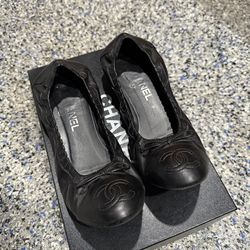 Authentic Chanel CC Logo Black Ballerina Shoes - Size 39.5