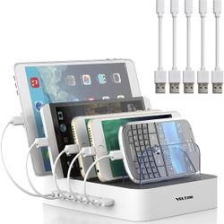 5 Port Multi USB Charger Station with Power Switch Designed for iPhone iPad Cell Phone Tablets (White, 6 Mixed Short Cables Included)