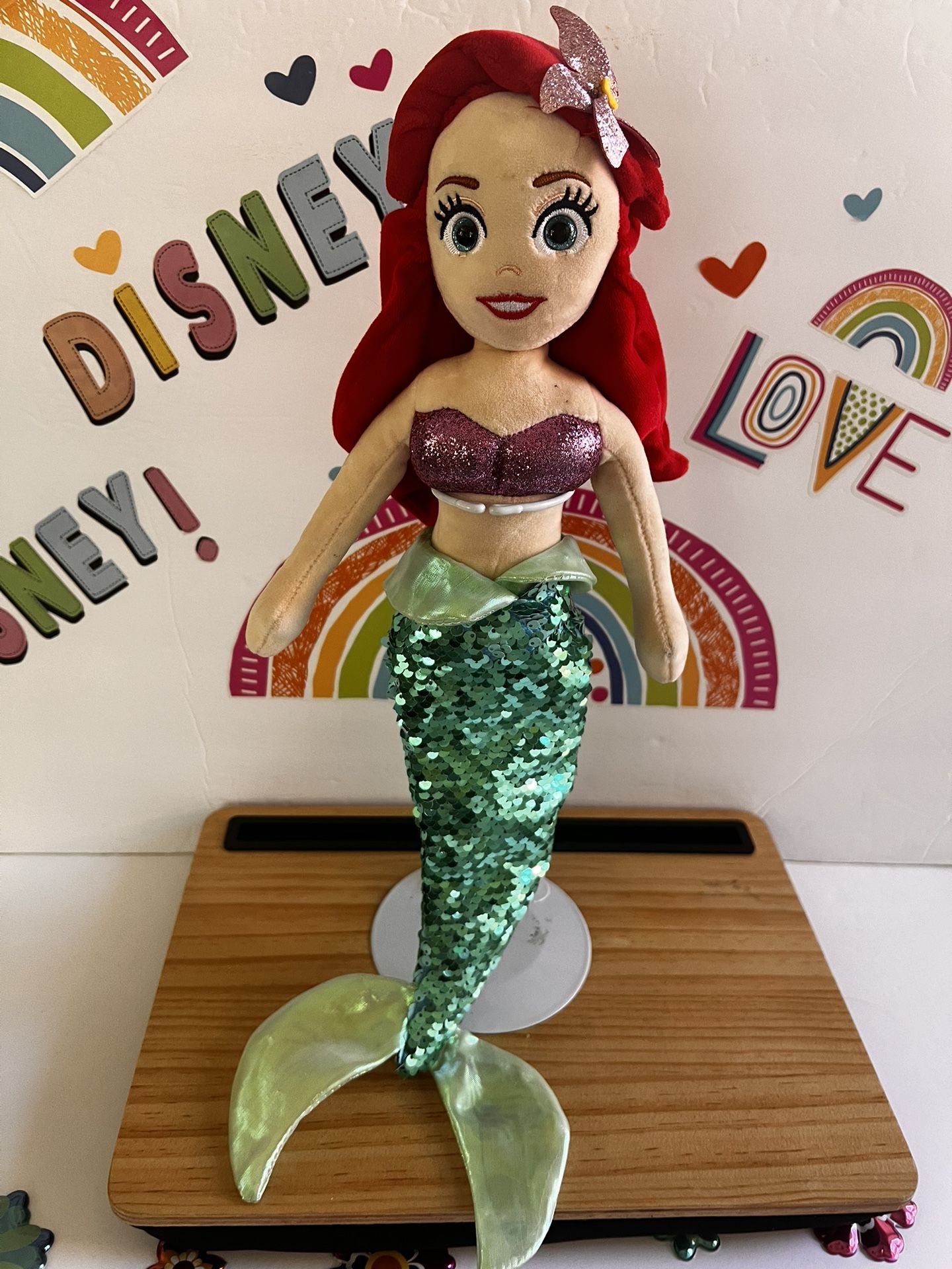 DISNEY 16 INCH LITTLE MERMAID PLUSH WITH SEQUENCE BODY! LIKE NEW 