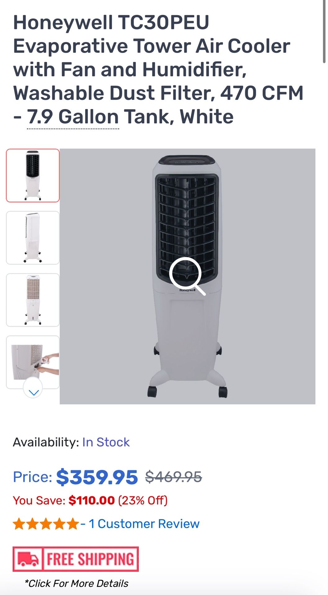 Honeywell TC30PEU Evaporative Tower Air Cooler with Fan and Humidifier, Washable Dust Filter, 470 CFM - 7.9 Gallon Tank, White