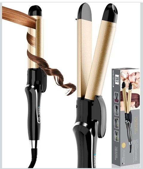 Curling Iron, 2 in 1 Hair Straightener and Curler, 1.25 Inch Ceramic Curling Wand with Adjustable Temperature, Dual Voltage for All Hair Types, Anti-T