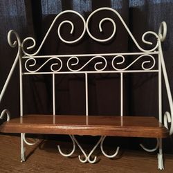 Vintage Farmhouse Cottage White Scroll Metal Wood Wall Shelf 14.25 In X 15.25 In By 5.25 In
