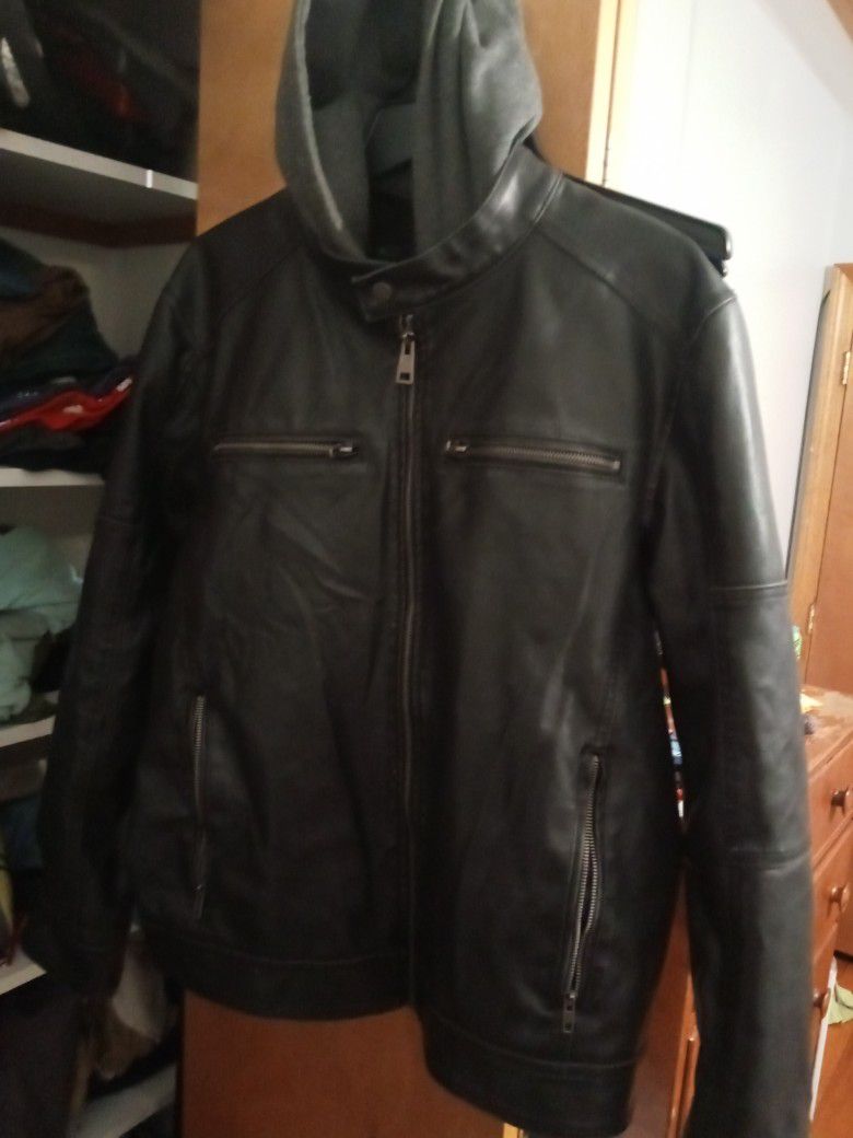 XL Mens Leather Jacket With Hoodie 
