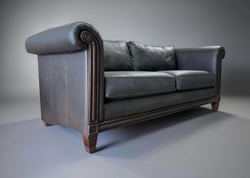 Dark Gray Leather Loveseat with Wood Trim