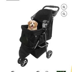 3 Wheels Foldable Dogs and Cat Strollers with Storage Basket and Cup Holder for Small and Medium Cats, Dogs, Puppies (Black)