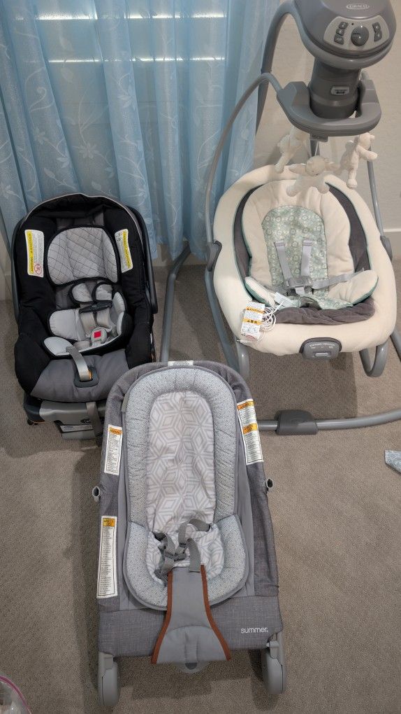 Chicco infant car seat with car base and Graco DuetSoothe Swing and Rocker with Removable Swing Seat