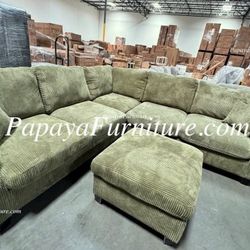 NEW Vintage Green Fabric Sectional Sofa and Ottoman Set Ashley Style Discount Furniture BIG CLOSEOUT Clearance SALE Black White Beige Dark Grey
