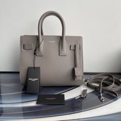 SAINT LAURENT Grained Calfskin Topstitch Small Sac De Jour Grey 26CM