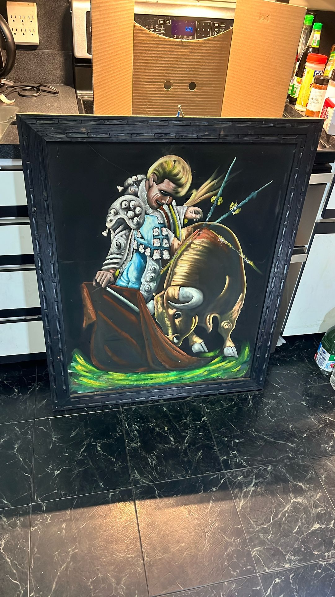 Vintage 60S Black Velvet Painting, Spanish bull Fight