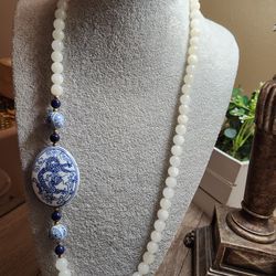Vintage Moonstone With Chinese Porcelain Necklace