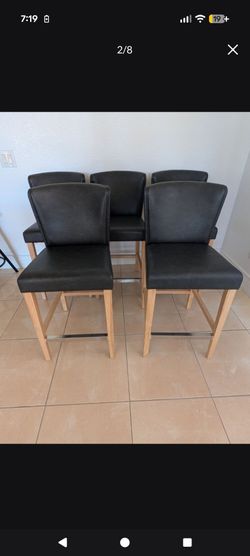Set of 6 Black Leather Bar Stools