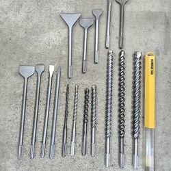 7 SDS Max concrete drill bits and 9 SDS Max chisels for removing ceramics, tiles, and demolition. All New