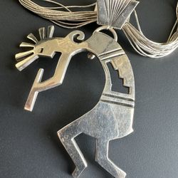 Huge Kokopelli Sterling silver signed liquid silver necklace 52+g