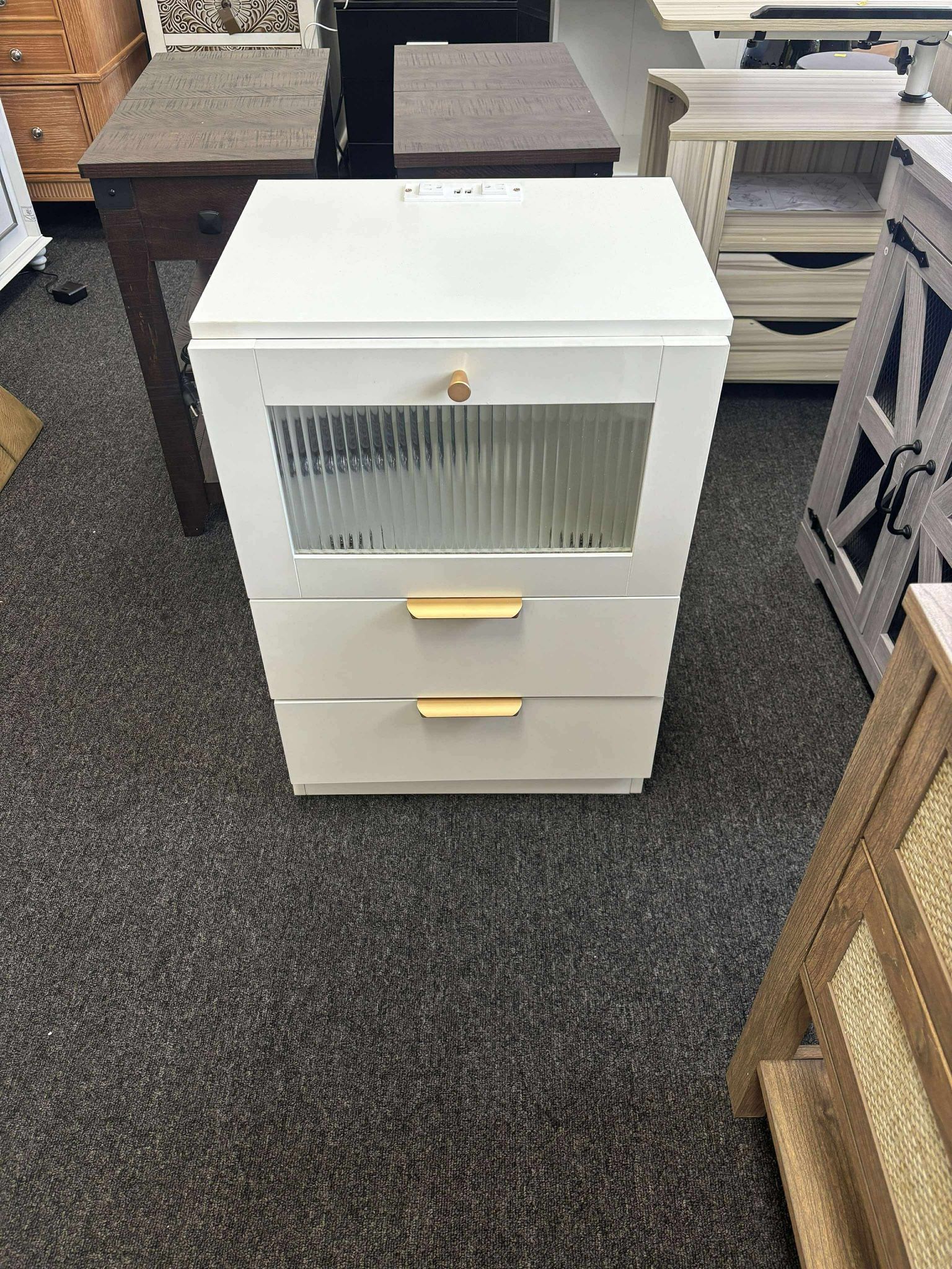 Night Stand with Charging Station LED Light Wood Nightstand BedSide End Table White