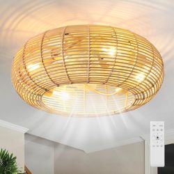 AIJIASI 20" Boho Ceiling Fan with Light and Remote, Rattan Caged Ceiling Fan with Light 6 Speeds Flush Mount Fandelier Ceiling Fan for Bedroom Living 