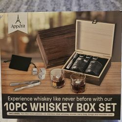 NEW Appetit 10PC Whiskey Wooden Box Set 2 Glasses with Chilling Stones & Tongs