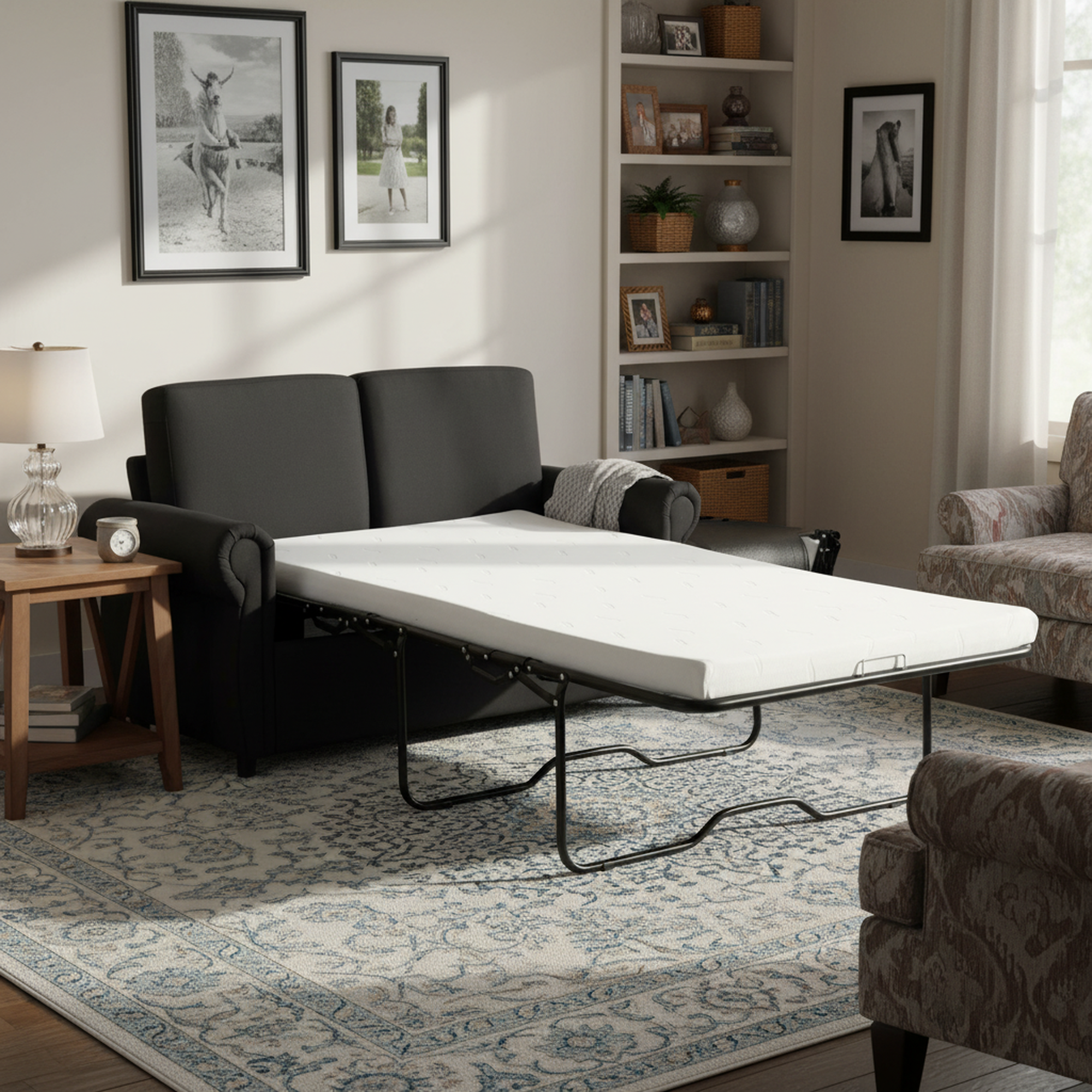 Chula 57.9" Pull-Out Loveseat Sleeper Sofa with Twin Memory Foam Mattress, Black