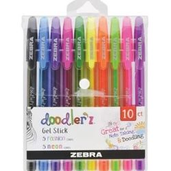 Zebra Pen Doodlerz Gel Stick Pen, Bold Point, 1.0mm, Assorted Neon Colors, 10 Pack