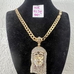 10K Yellow Gold Chain and Pendant CUBIC ZIRCONIUM STONES 40.7Gr 24 Inches Long 