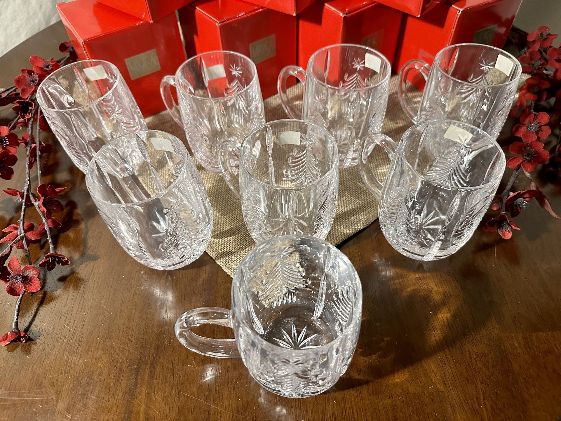 Mikasa Crystal Christmas Tree Gift Mugs (6) & Red Unbreakable Wine Glasses (8)