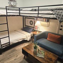 3 Twin Black Metal Bunk Bed Set, Couch, Lift Top Table And End Table 