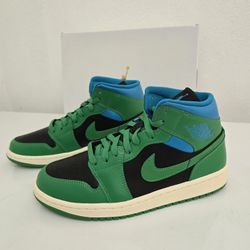 Nike Air Jordan 1 Mid Shoes Black Lucky Green Aquatone BQ6472-033 Women's Size 8