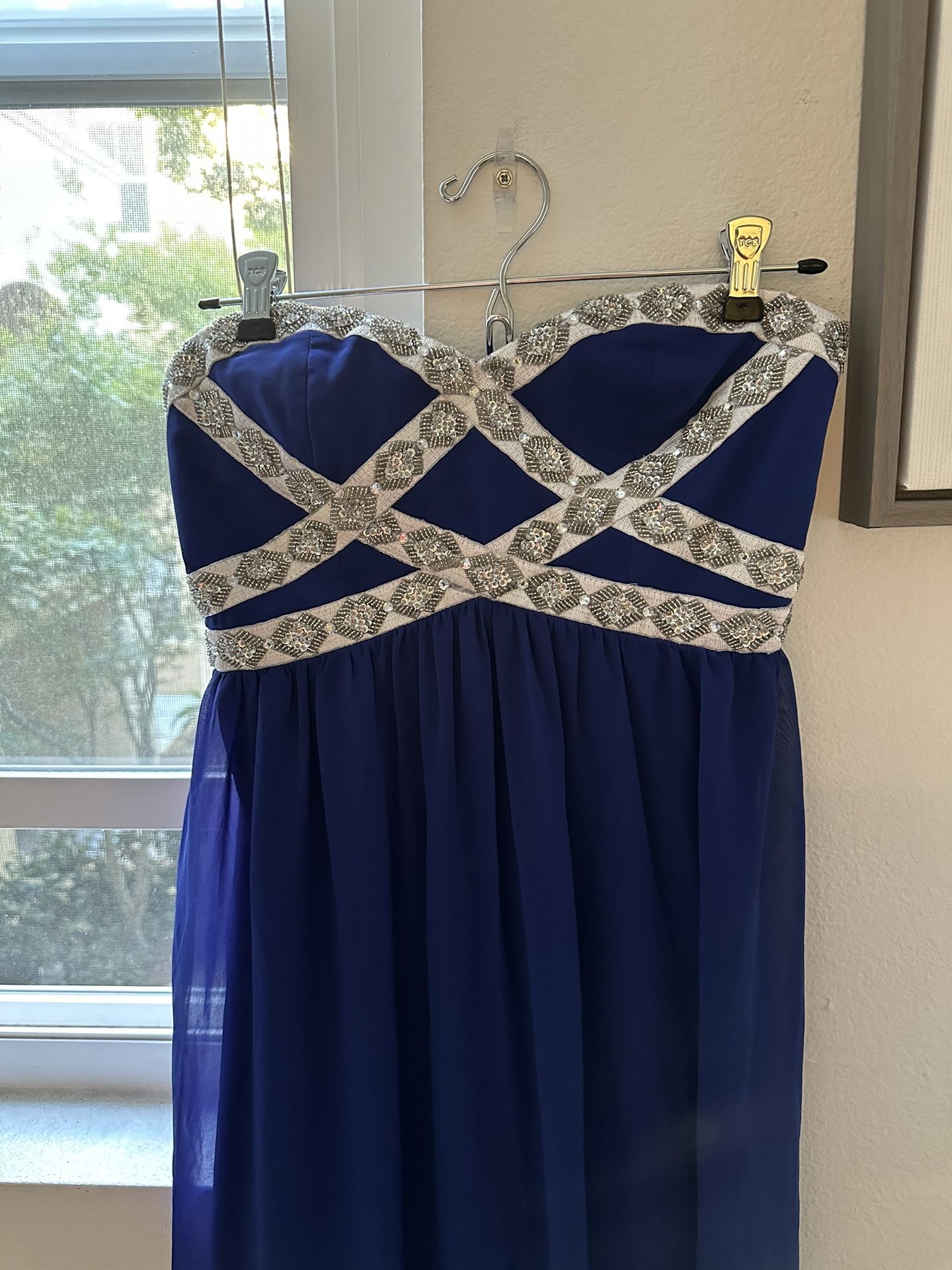 Royal Blue Strapless Silver jeweled Long Gown for Prom / formals / special events Size Medium 