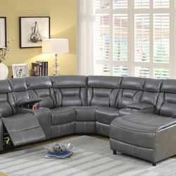 Brand New Grey Leather Gel Reclining Sectional Sofa
