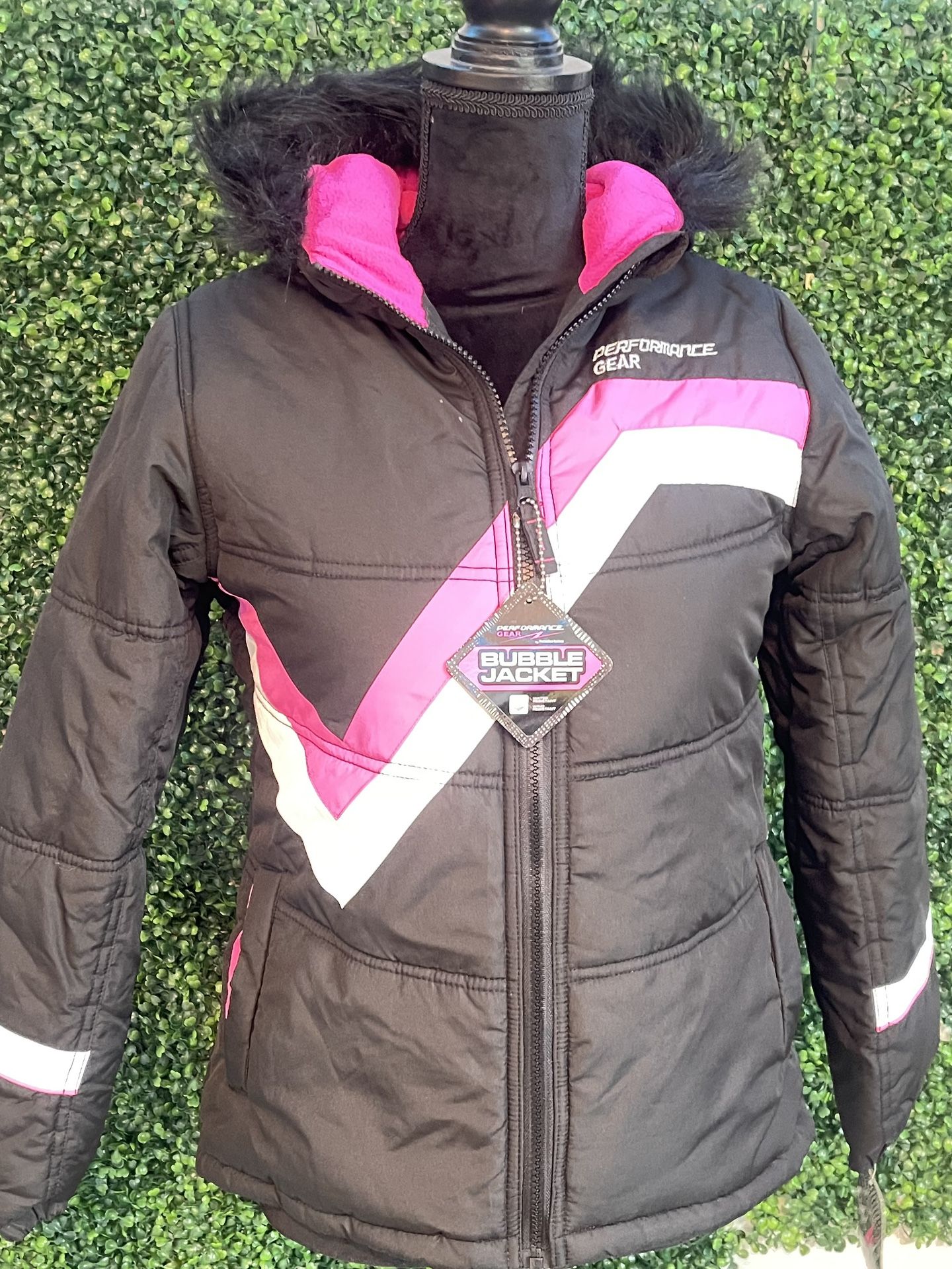 NWT PERFORMANCE GEAR bubble jacket black w/ pink and white / Girls Sz XL (16)