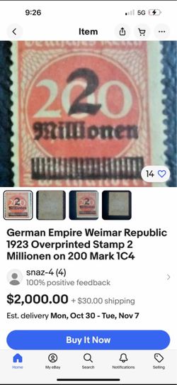 German Weimar Republic 1923 Overprinted Stamp 2 Millionen