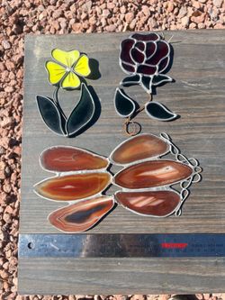 Vintage Stained Glass & Agate Suncatcher Lot – 3-Piece Floral & Earthy Window Art Set