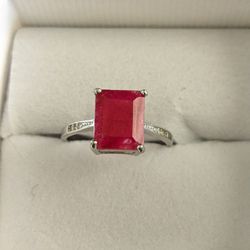 Natural Emerald Cut Ruby & Diamond Ring
