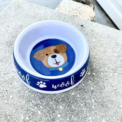 Cute Vintage  Dog Bowl with Cute Puppy Design Inside Bowl & WOOF written on outside 