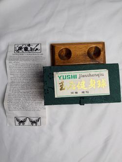 Vintage Chinese Baoding Balls Green Stone Yushi Box Wood Stand Meditation Set