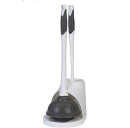 Clorox Toilet Plunger and Brush Bowl Set with Holder Caddy Storage for Cleaning Bathroom and Unclogging Toilets, White and Gray
