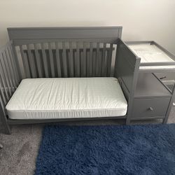 Gray Crib/Toddler Bed And Changing Dresser Bundle With Mattress