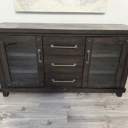Dark Wood Rustic Console Table / Media Stand w Glass Doors & Drawers 65”L x 34”H