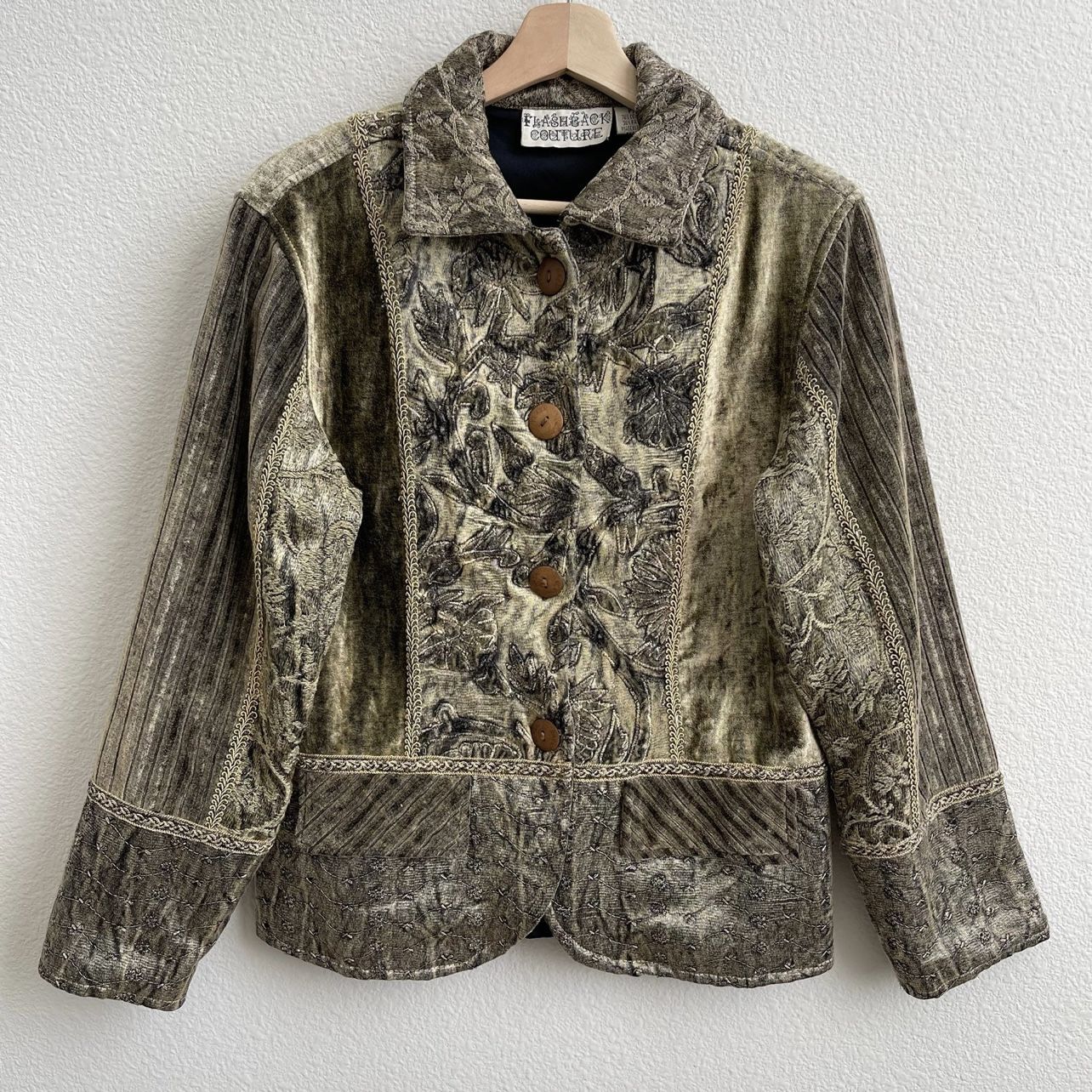FLASHBACK COUTURE Vintage 90s Khaki Olive Velvet Carpet Button Up Blazer Jacket