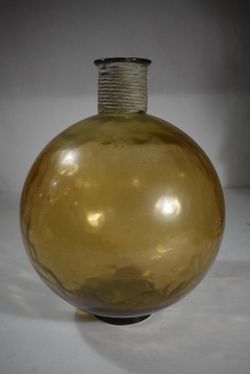17” Vintage amber glass Spanish bottle vase with rope wrapped neck
