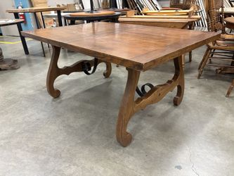 Vintage Spanish Barouque Style Wooden Dining Room Table with Carved Lyre Legs and Curved Iron Stretchers