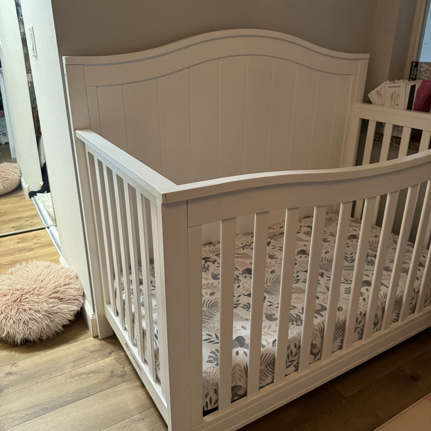 White Wood Convertible Baby Crib with Mattress 
