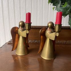 Pair of Vintage Brass And Copper Candle Holder Angels, Christmas Holiday Decor 
