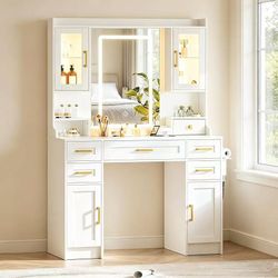 #B 42 Inchs Large Vanity Desk with Mirror and Lights   Makeup Table with Power Outlet, 3-Color Adjustable Lighting for Bedroom with 6 Drawers and 4 Ca